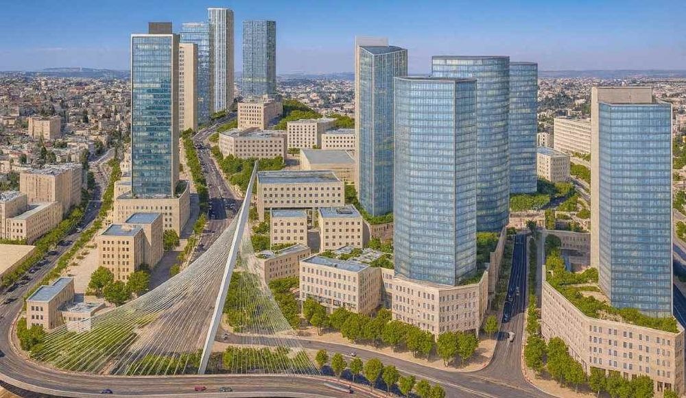 צילום של מרכז העסקים החדש בכניסה לעיר - מאבן ירושלמית לזכוכית מבריקה